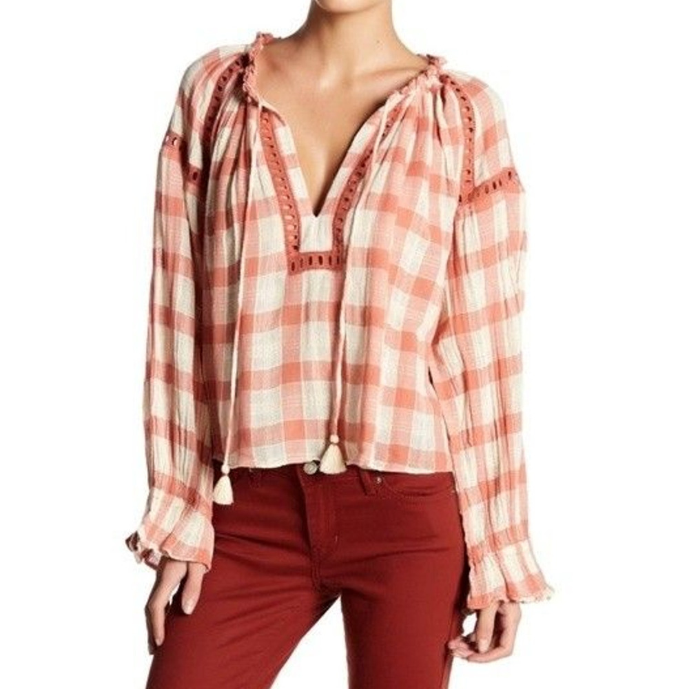 Free People Womens Top size medium Blouse Cotton Cottage Checkered pink Boho
